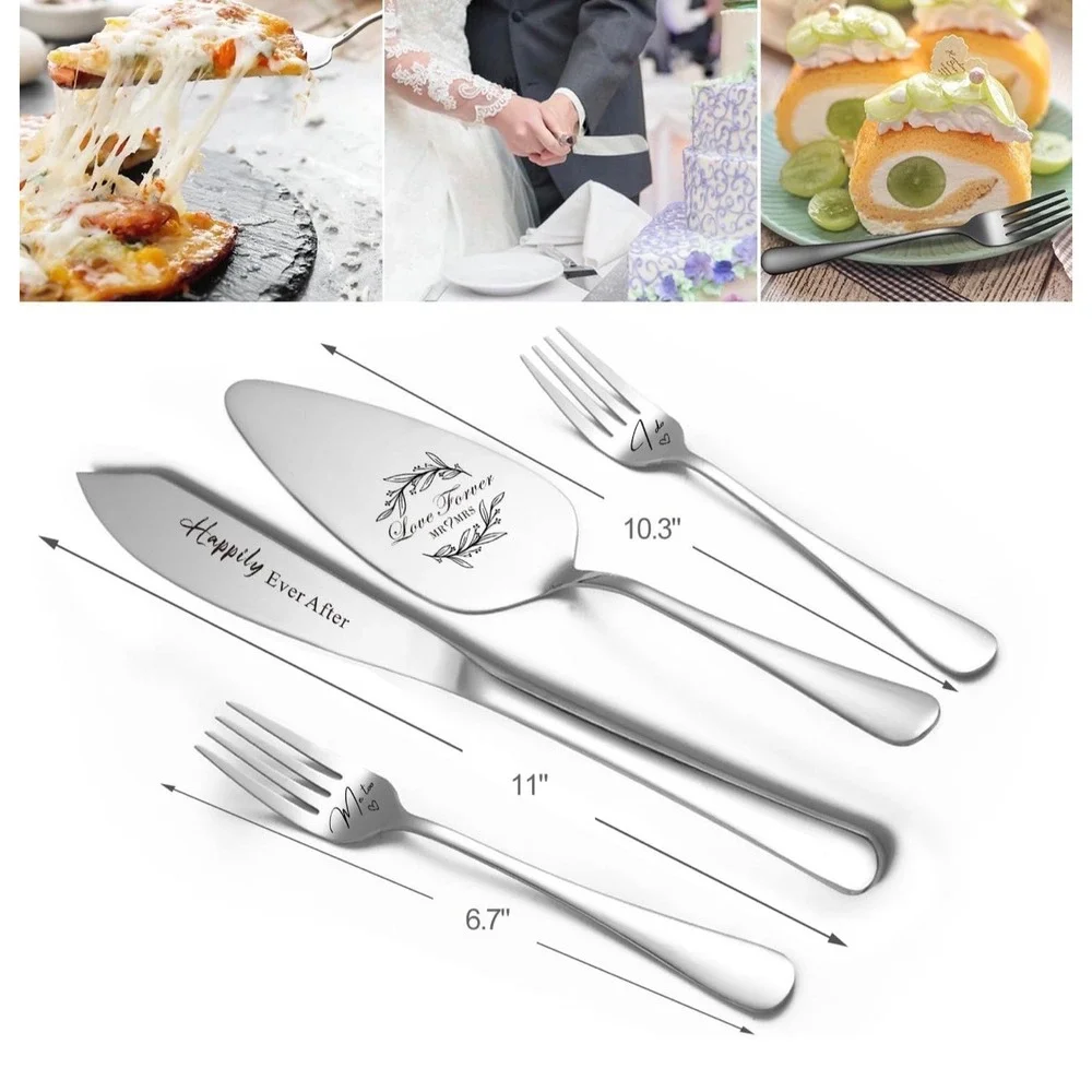 Wedding Cake Knife and Server Set Silver Stainless Steel 4pc Mr and Mrs Forks